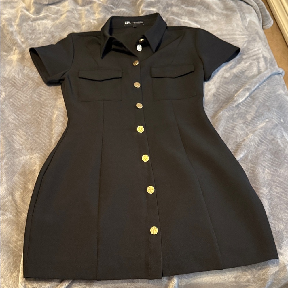 Zara Black Mini Dress with Gold Buttons, RUNS SMALL (MORE LIKE A SMALL SIZE)